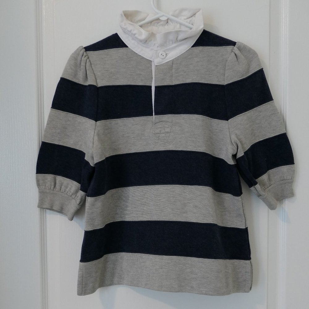 Marc Jacobs Puff Sleeve Rugby Sweater (Grey/Navy Stripes, Size S)